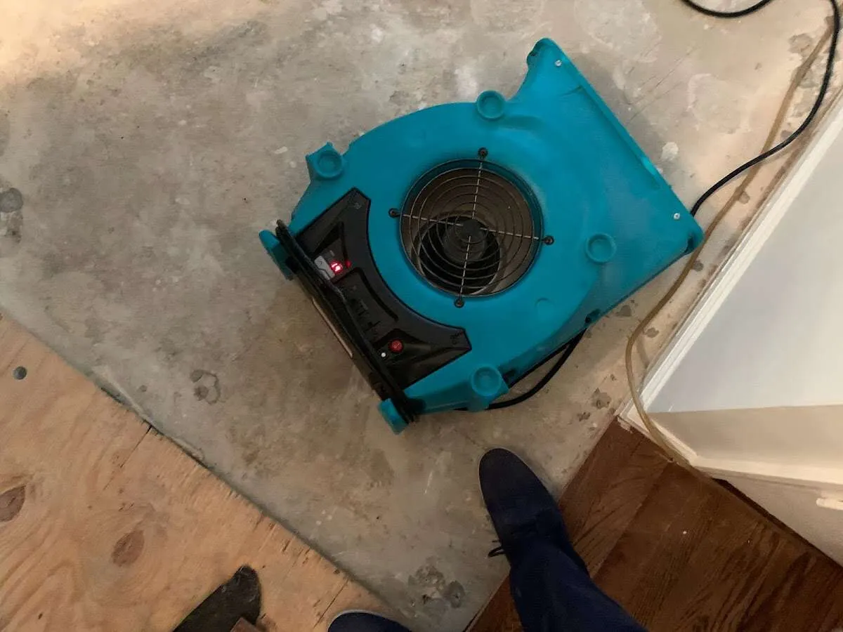 Air mover drying subfloor during Leak Detection & Repair in Tewksbury